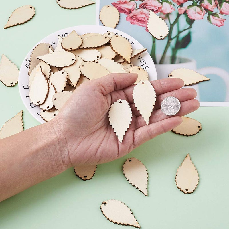 KISSITTY 100-Piece Natural Unfinished Blank Wooden Leaf Flat Pendants for Easter Decorations AntiqueWhite 1.96x1.02 Inch - Image 4